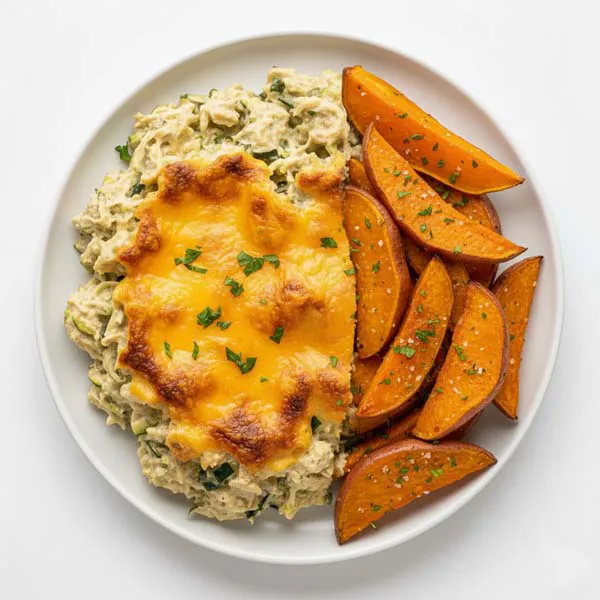 Cheddar zucchini Chicken Casserole with Roasted Sweet Potatoes